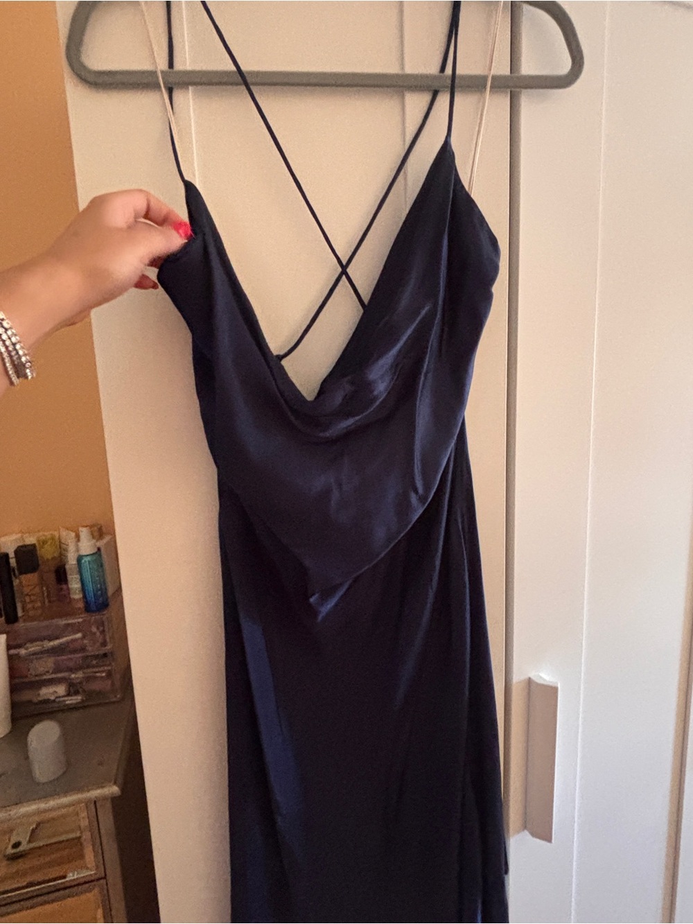 Aritzia Navy Satin Slip with Crisscross Straps